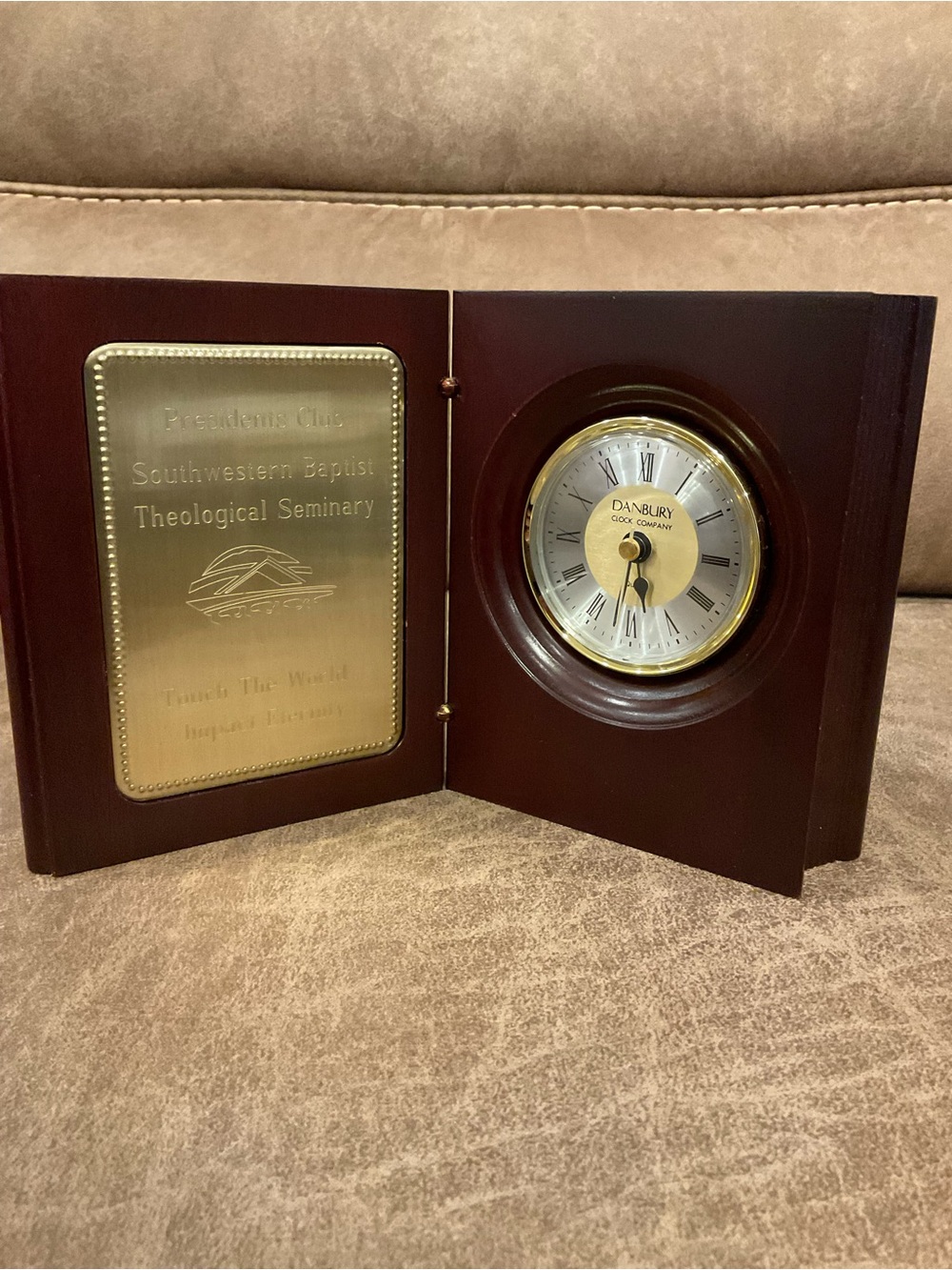Tabletop Wooden Book Clock with Gold Engraved Plate